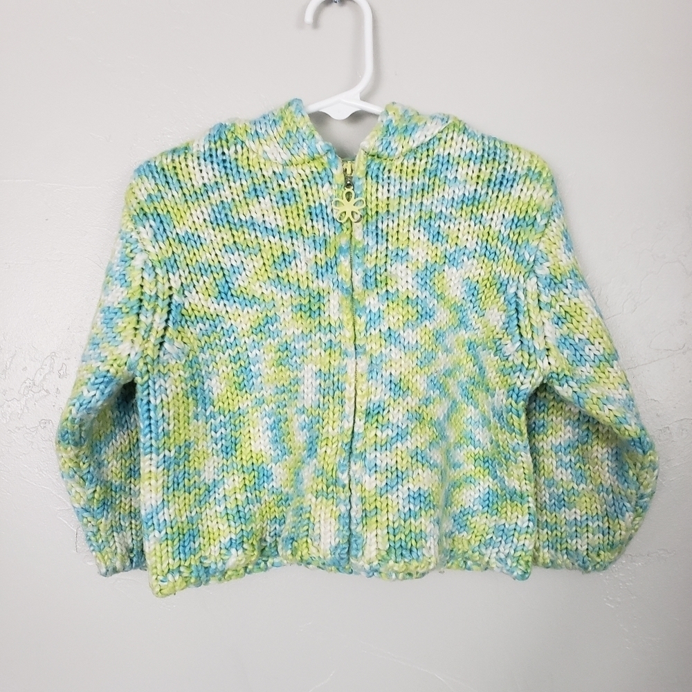 All Mine Green Blue White Knit Hooded Jacket Full Zip Toddler Girl 5T Spring